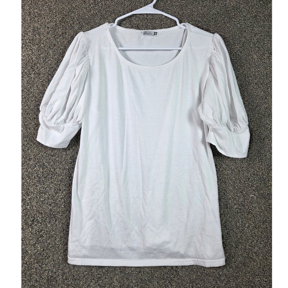 Dorose Blouse Shirt Womens XL White Puff Sleeve Scoop Neck Cotton Stretch Top